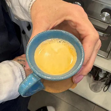 Mão segurando xícara de espresso com crema